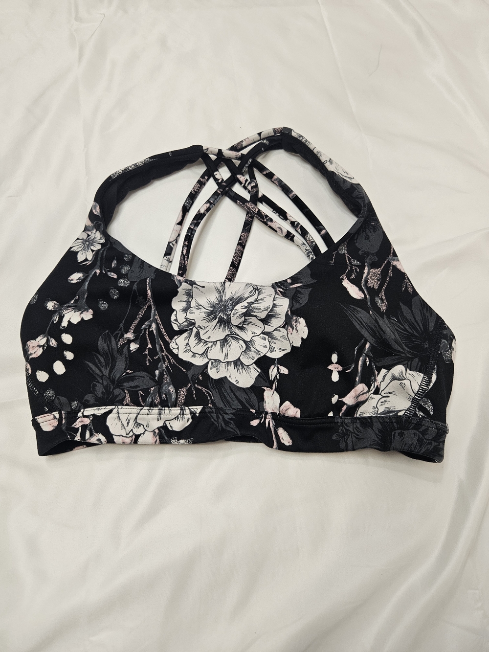 Victoria's Secret Black Floral Strappy Sports Bra with Pink Accents